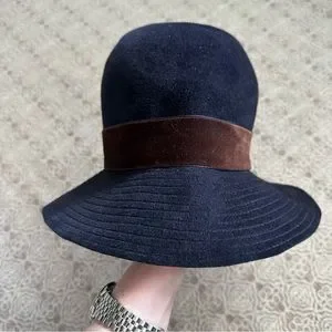 Lola Hats Black Felt Fedora With Brown Velvet Ribbon Polo Ralph Lauren Black Wool Felt Hat Velvet Trim Womens L  main image 4